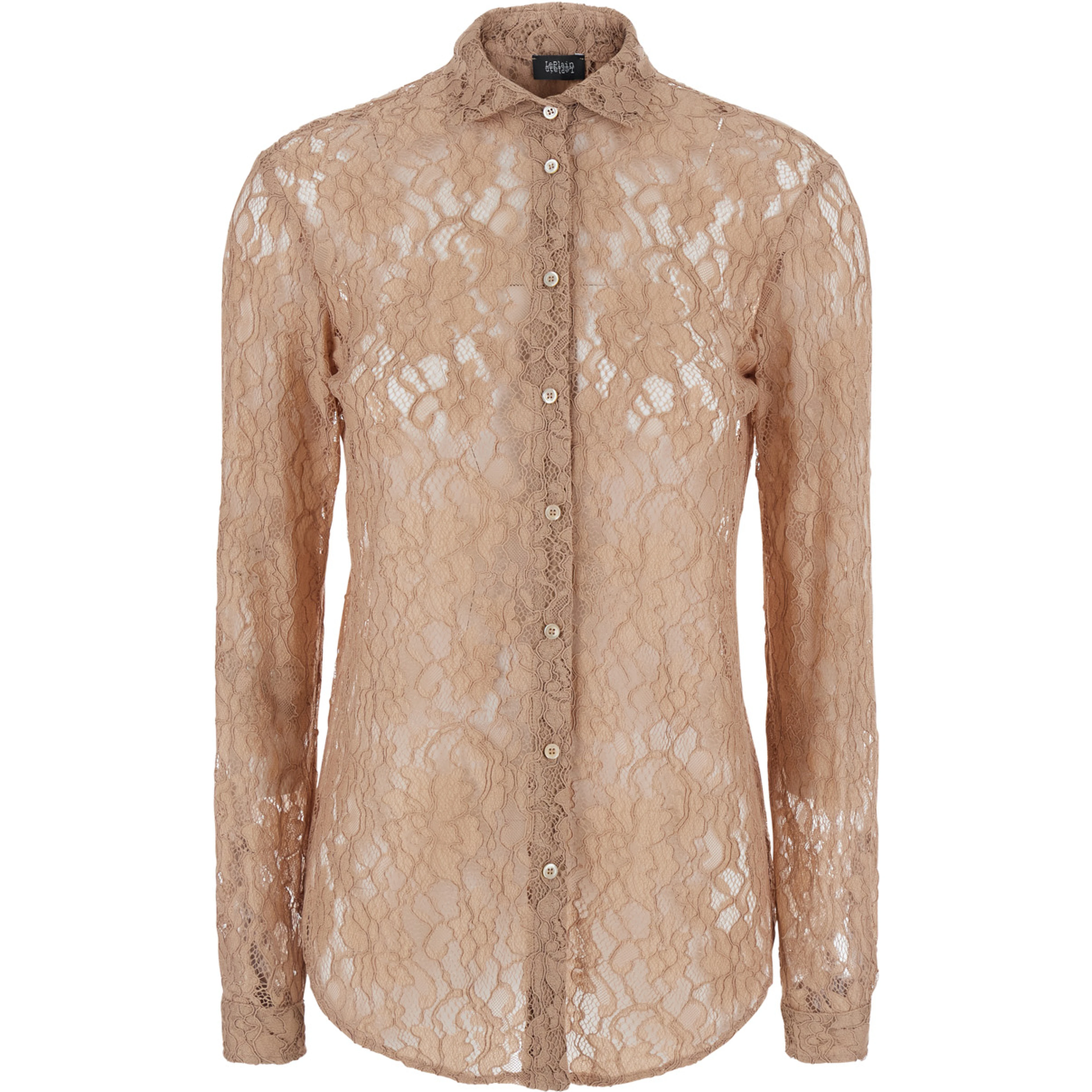 Beige Shirt with classic collar and all-over lace embroidery in fabric for women