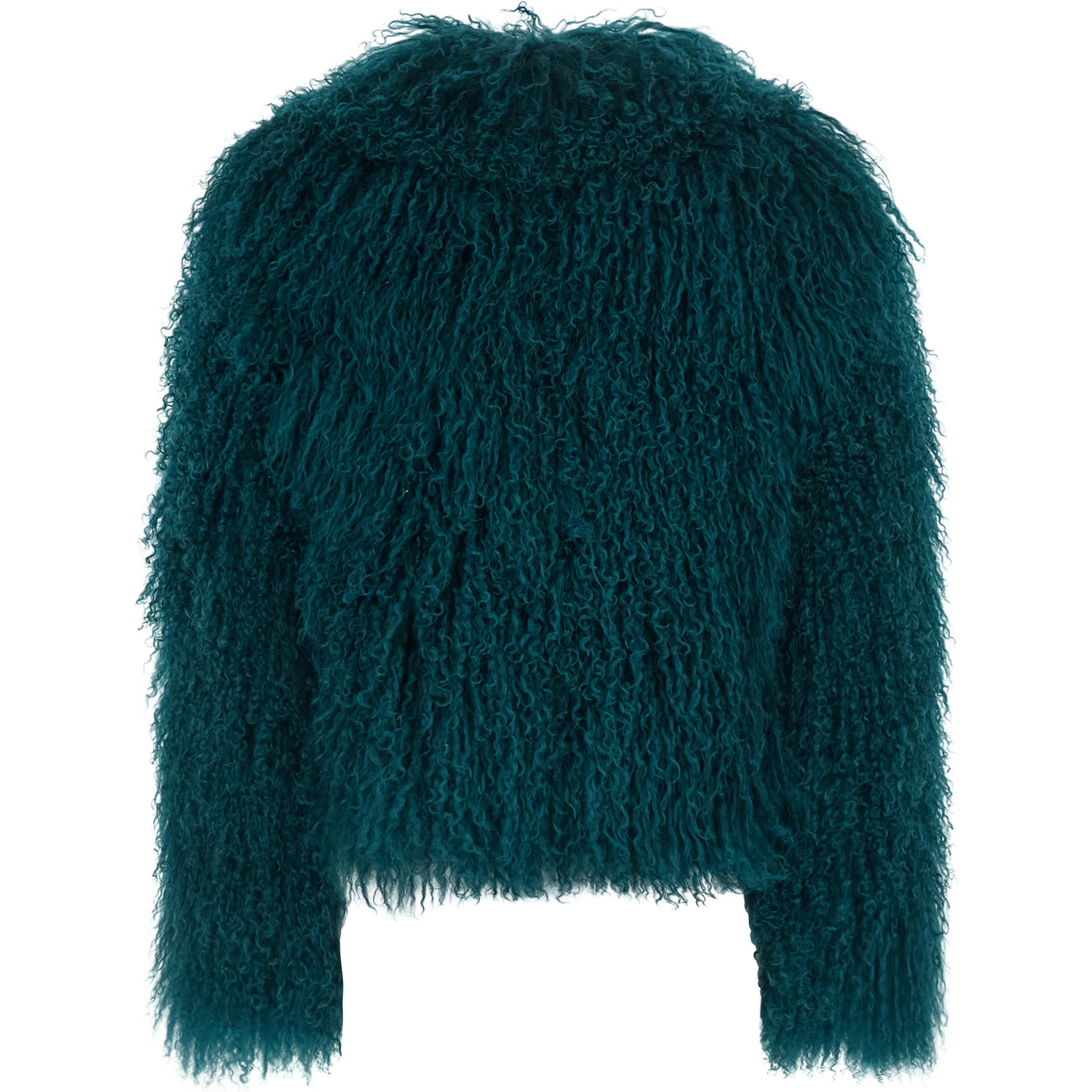 Petrol Blue Short Jacket with Hidden Closure on the Front in Fur for Women