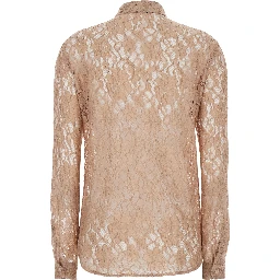 Beige Shirt with classic collar and all-over lace embroidery in fabric for women