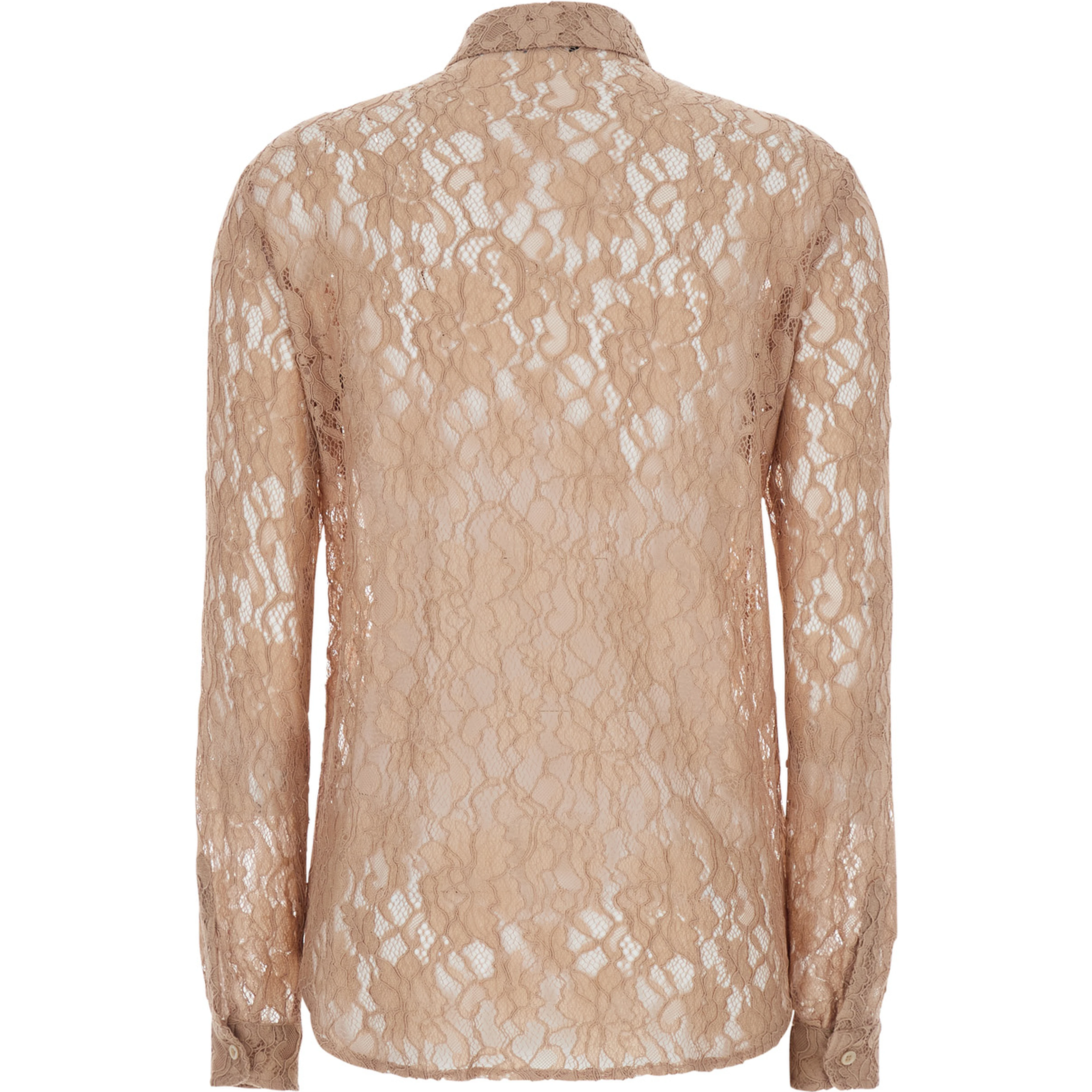 Beige Shirt with classic collar and all-over lace embroidery in fabric for women