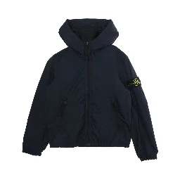 Blue Hooded Jacket with Fixed Hood and Logo Patch on Sleeve in Tech Fabric for Kids