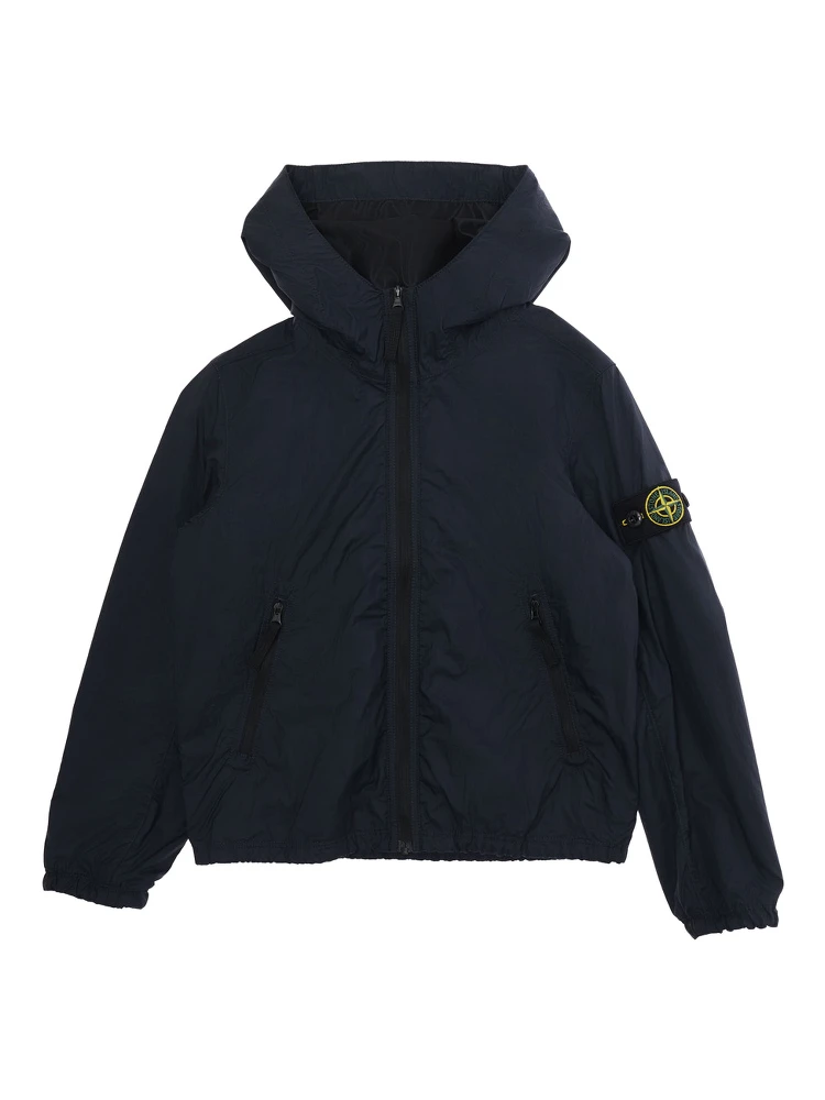 Blue Hooded Jacket with Fixed Hood and Logo Patch on Sleeve in Tech Fabric for Kids