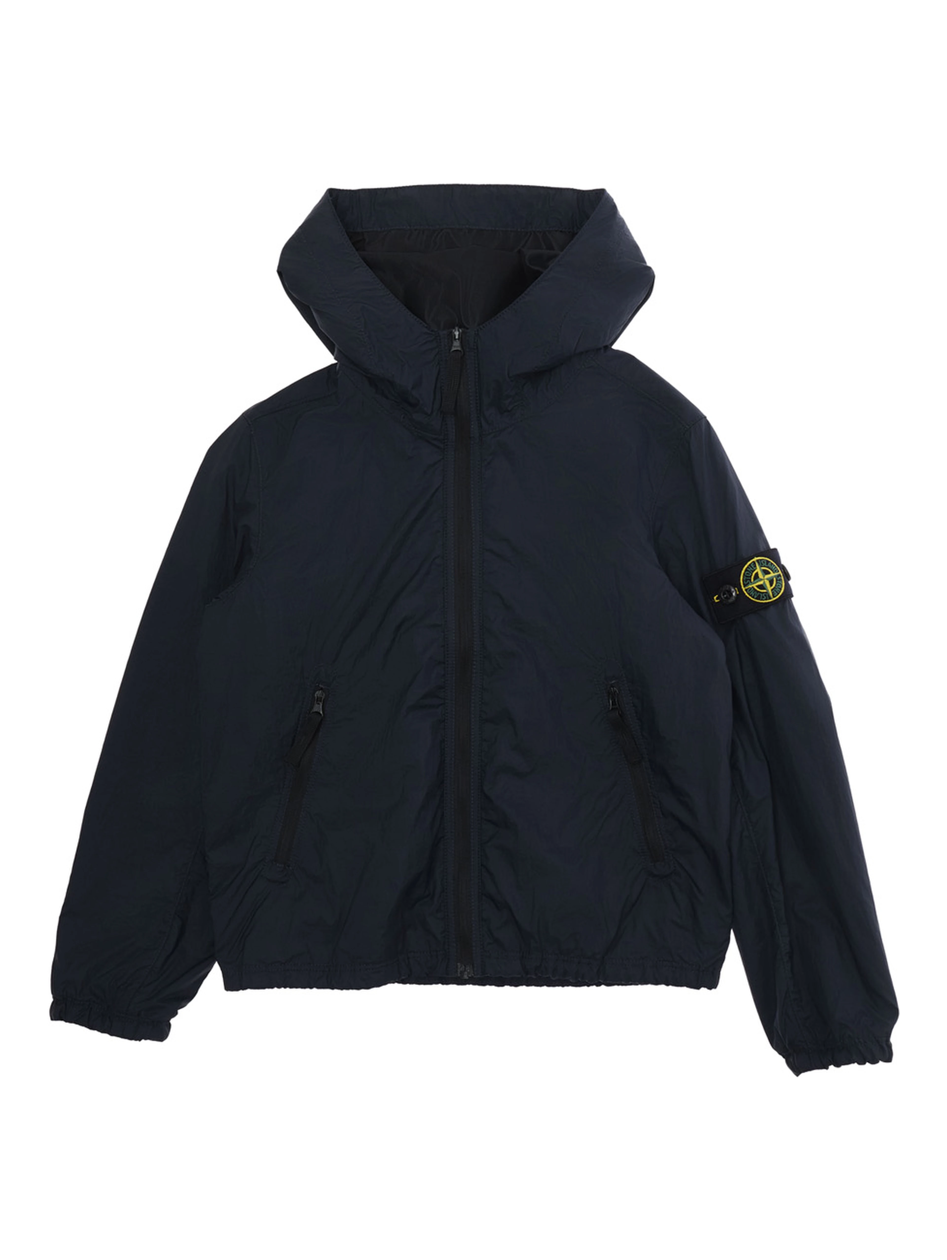 Blue Hooded Jacket with Fixed Hood and Logo Patch on Sleeve in Tech Fabric for Kids
