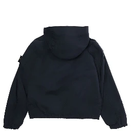 Blue Hooded Jacket with Fixed Hood and Logo Patch on Sleeve in Tech Fabric for Kids