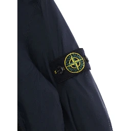 Blue Hooded Jacket with Fixed Hood and Logo Patch on Sleeve in Tech Fabric for Kids