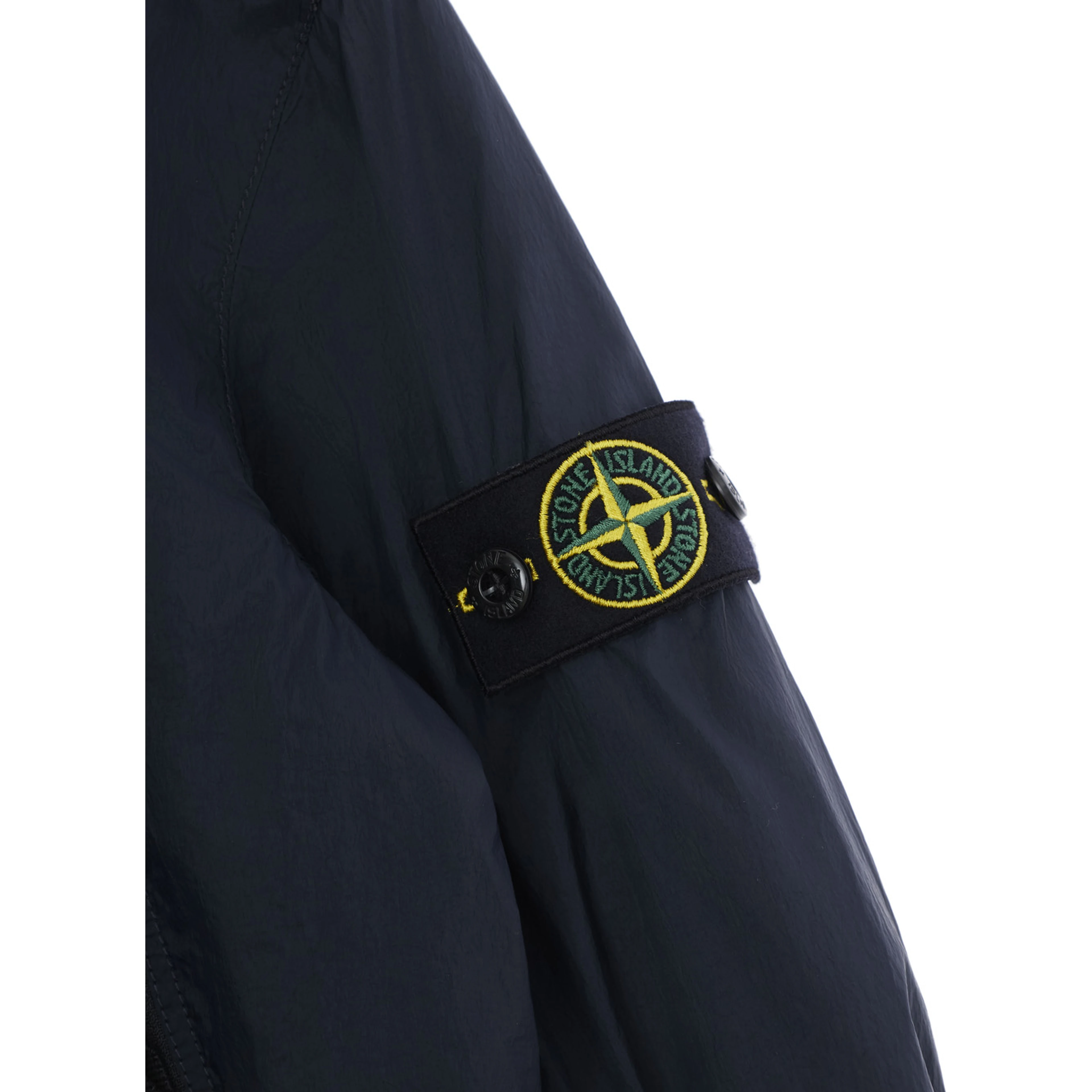 Blue Hooded Jacket with Fixed Hood and Logo Patch on Sleeve in Tech Fabric for Kids
