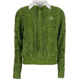 Green Polo Collar Knit Top with Front Logo in Fabric for Women