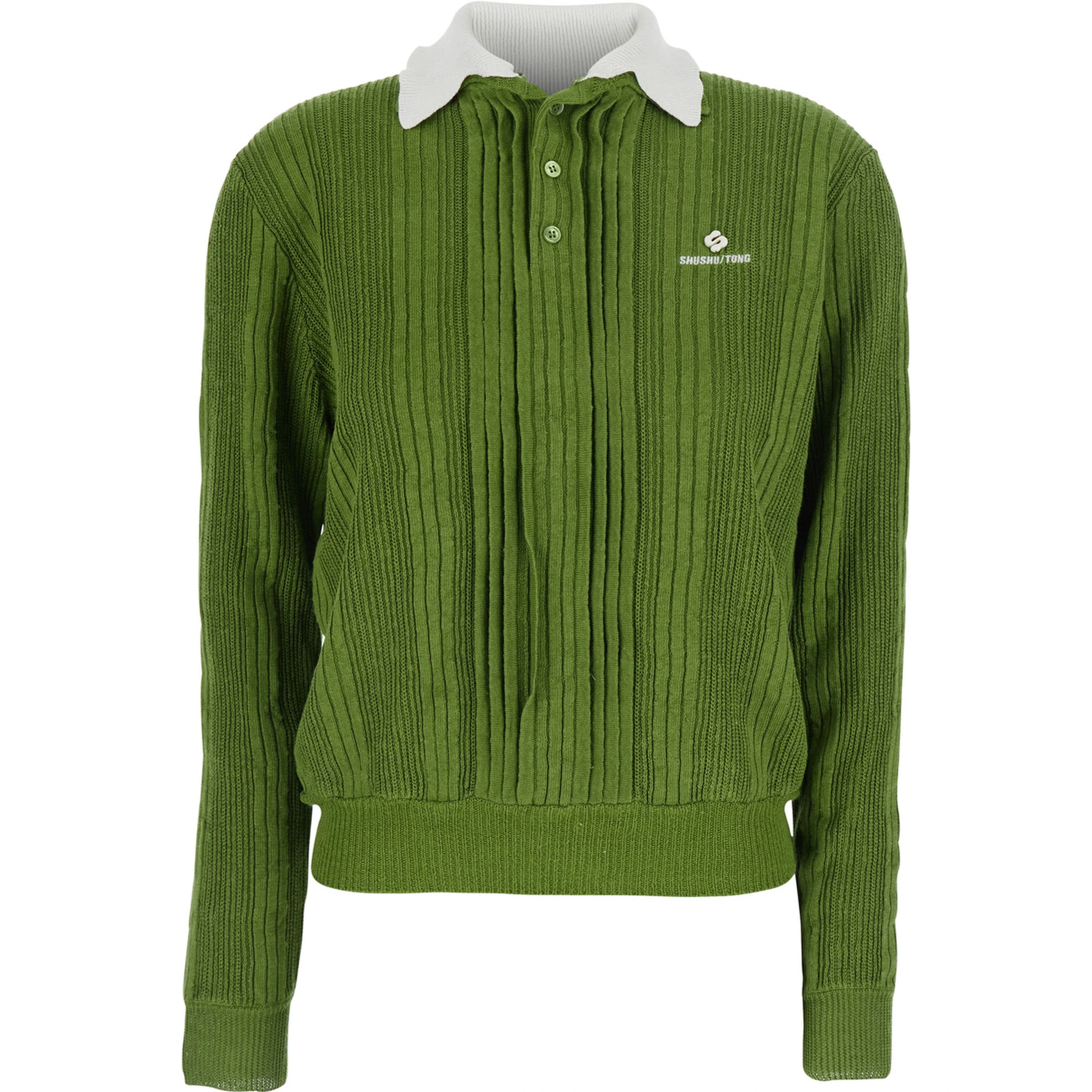 Green Polo Collar Knit Top with Front Logo in Fabric for Women