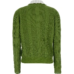 Green Polo Collar Knit Top with Front Logo in Fabric for Women
