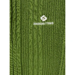 Green Polo Collar Knit Top with Front Logo in Fabric for Women