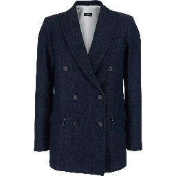 Double-breasted jacket with peak revers in blue tech fabric for women