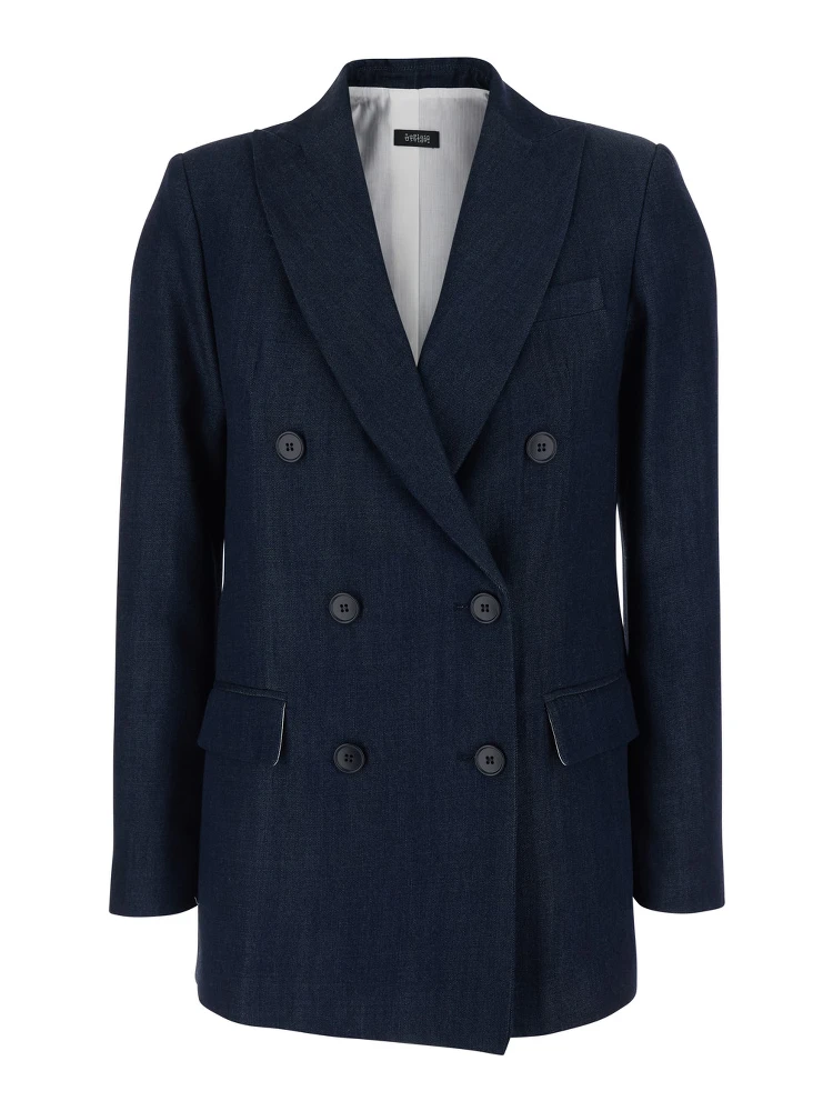 Double-breasted jacket with peak revers in blue tech fabric for women