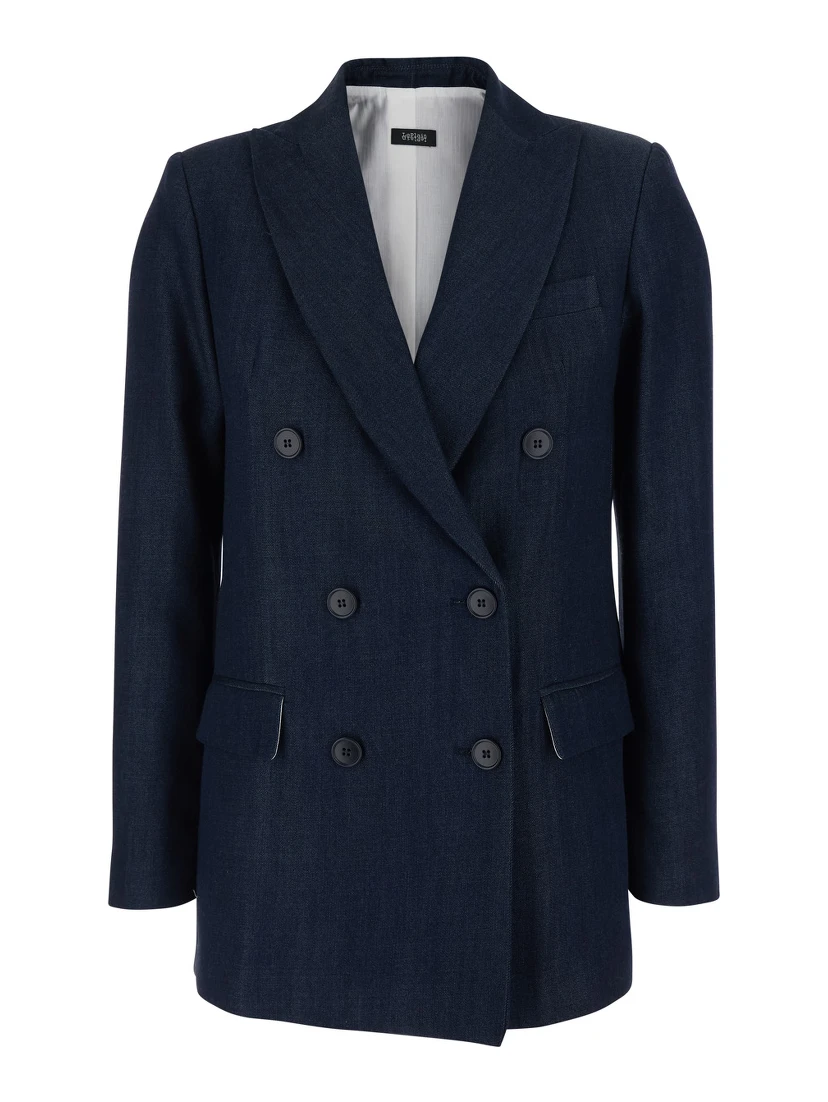 Double-breasted jacket with peak revers in blue tech fabric for women