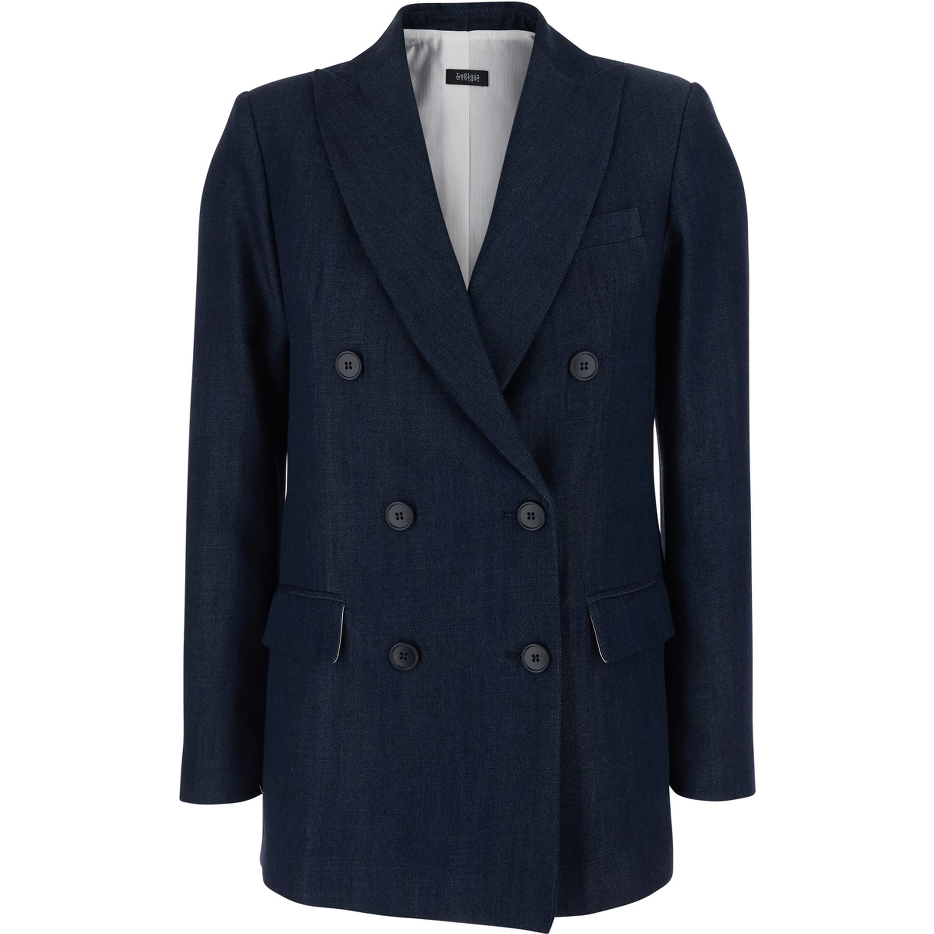 Double-breasted jacket with peak revers in blue tech fabric for women