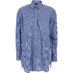 Shirt with Classic Collar and All-Over Striped Pattern in Blue Cotton for Women