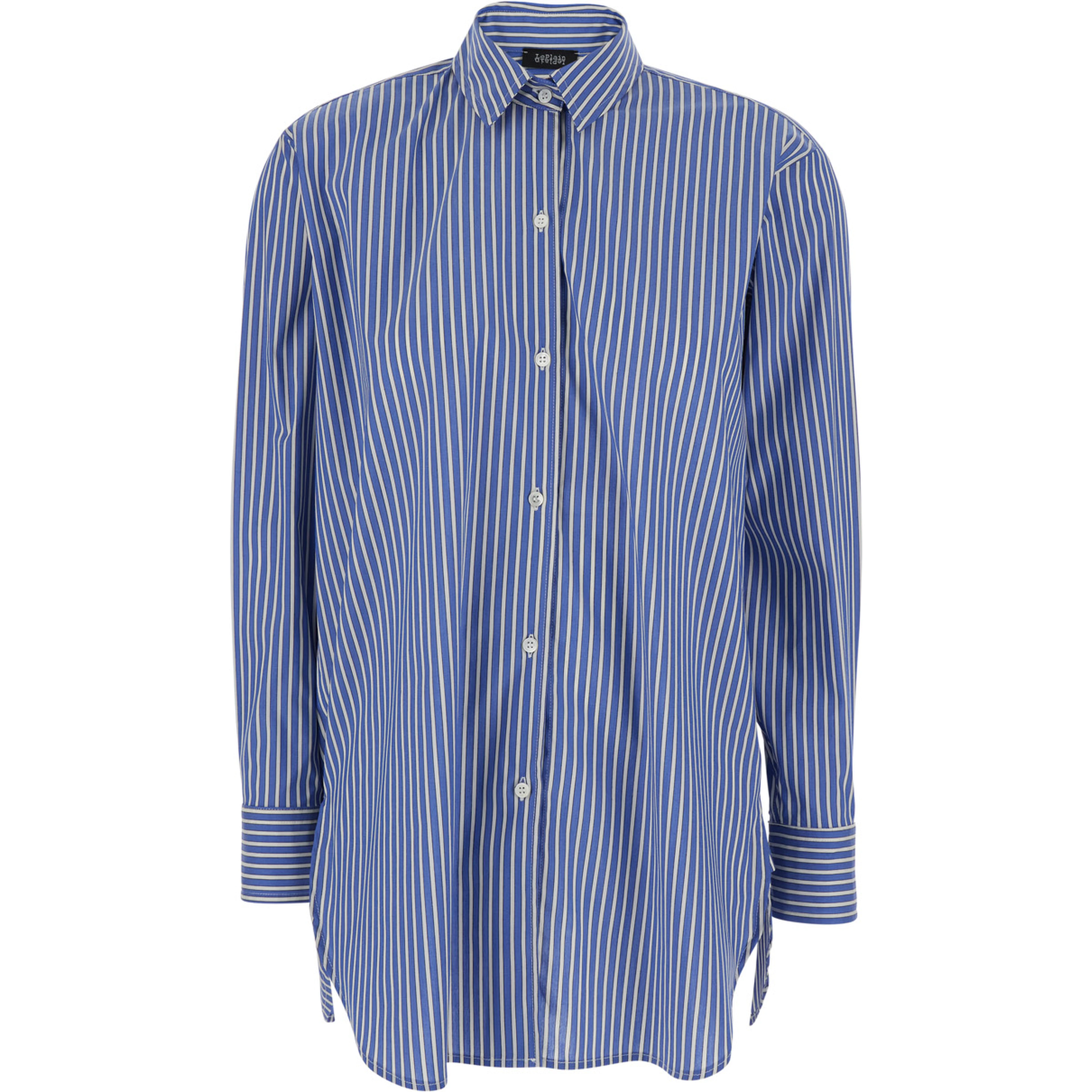 Shirt with Classic Collar and All-Over Striped Pattern in Blue Cotton for Women