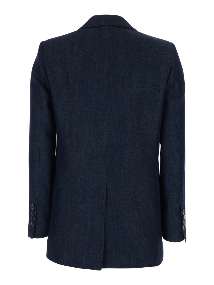 Double-breasted jacket with peak revers in blue tech fabric for women alternative