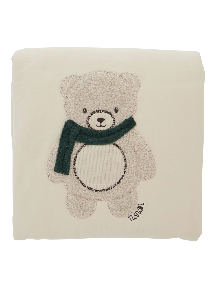 beige Blanket with embroidered bear on the front in cotton baby