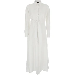 Dress with Classic Collar and Adjustable Belt in White Linen for Women