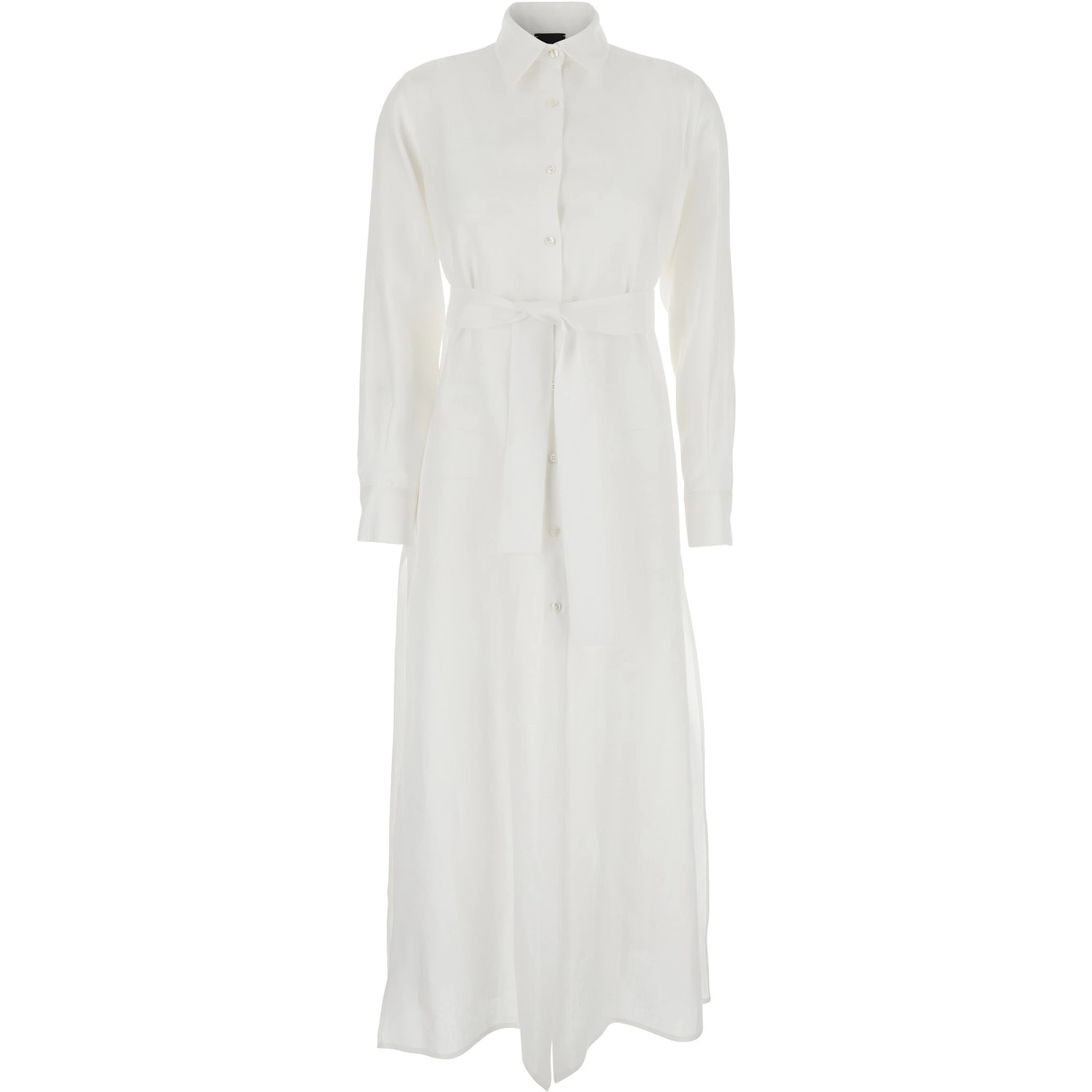 Dress with Classic Collar and Adjustable Belt in White Linen for Women