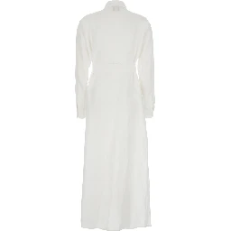Dress with Classic Collar and Adjustable Belt in White Linen for Women