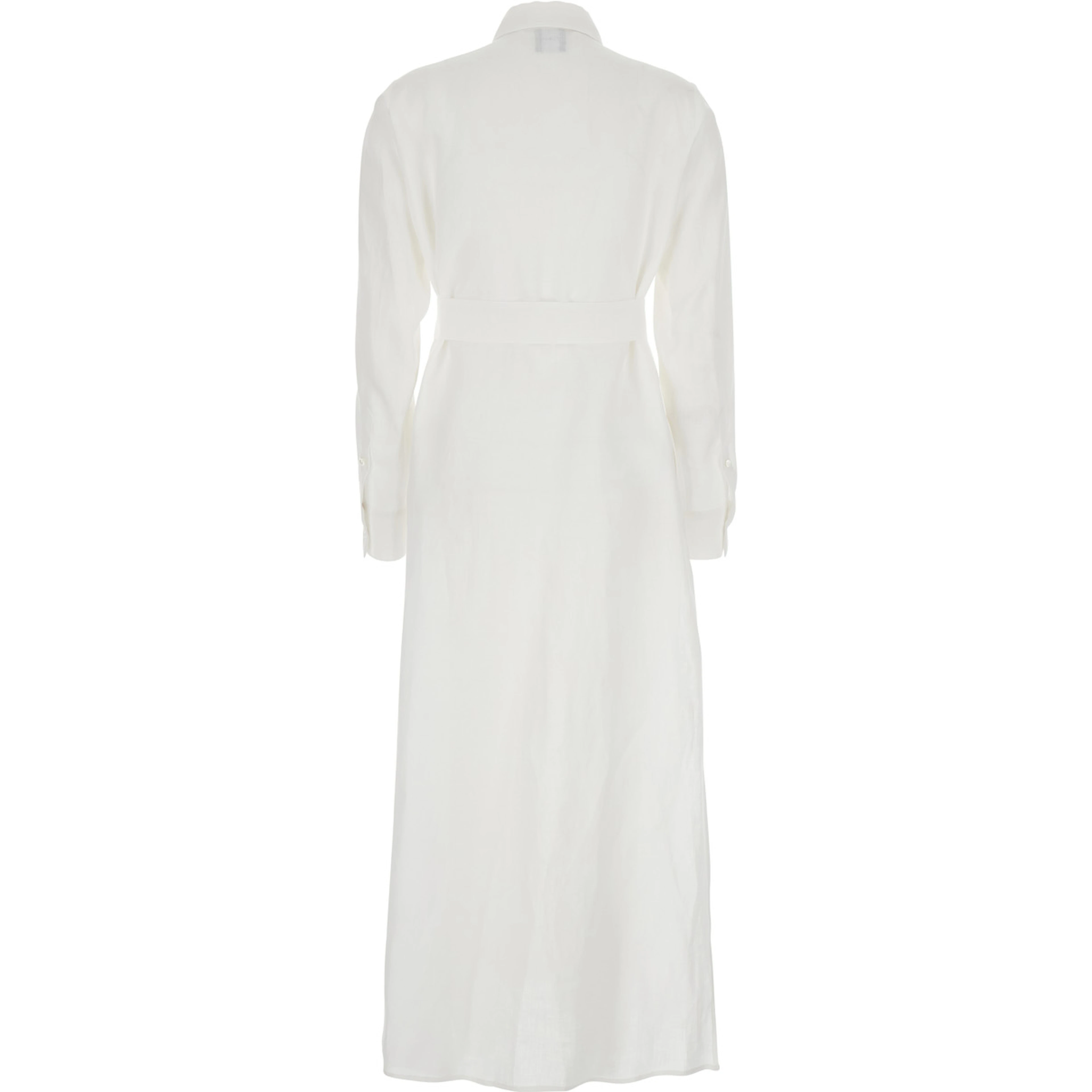 Dress with Classic Collar and Adjustable Belt in White Linen for Women
