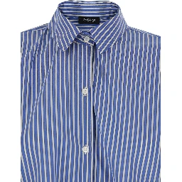 Shirt with Classic Collar and All-Over Striped Pattern in Blue Cotton for Women