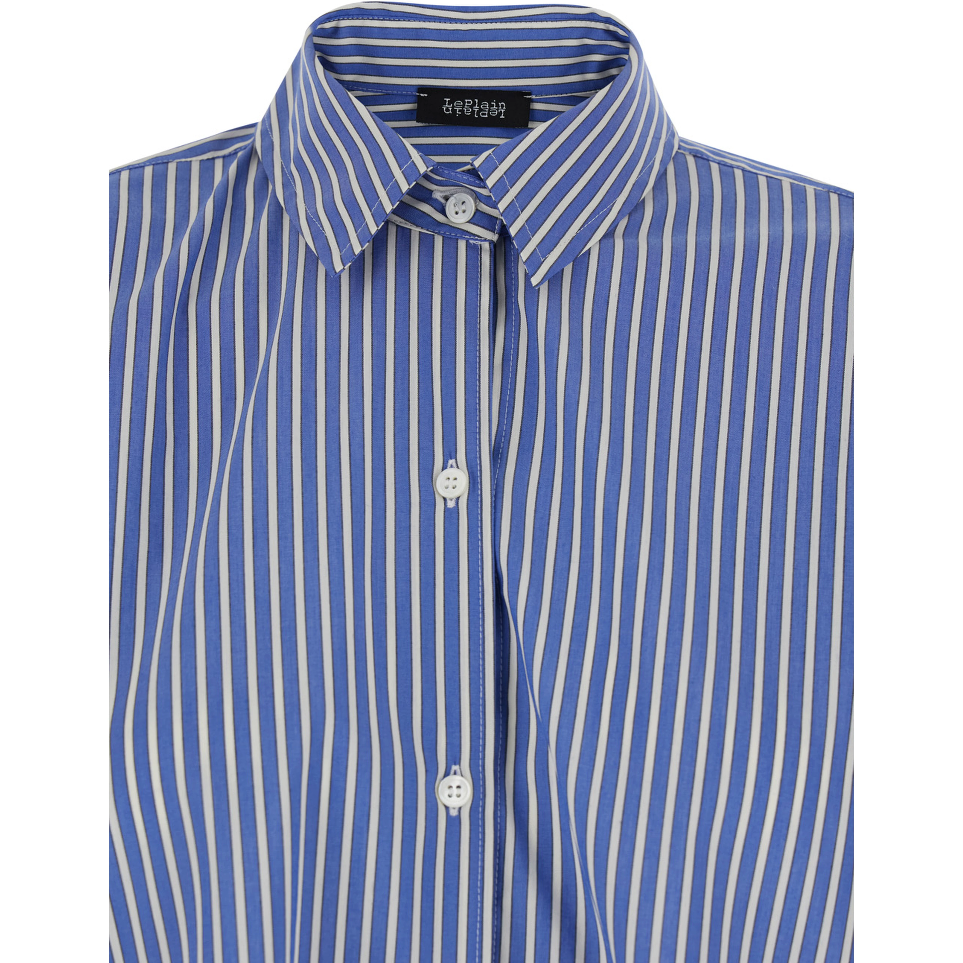 Shirt with Classic Collar and All-Over Striped Pattern in Blue Cotton for Women