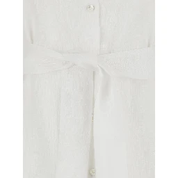 Dress with Classic Collar and Adjustable Belt in White Linen for Women