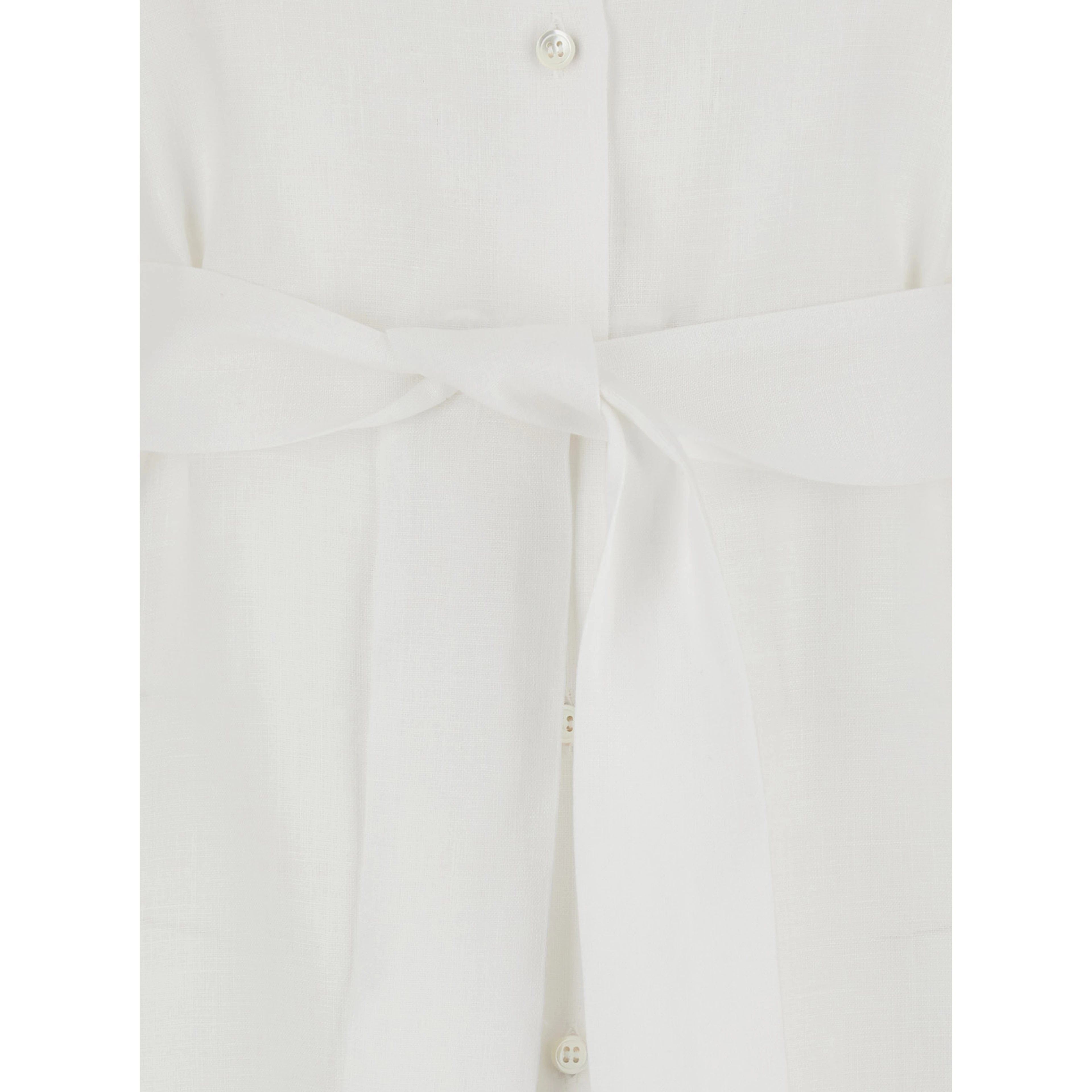 Dress with Classic Collar and Adjustable Belt in White Linen for Women
