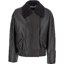 Laila Brown Jacket with wide collar in eco-fur and Dropped shoulders in leather for women