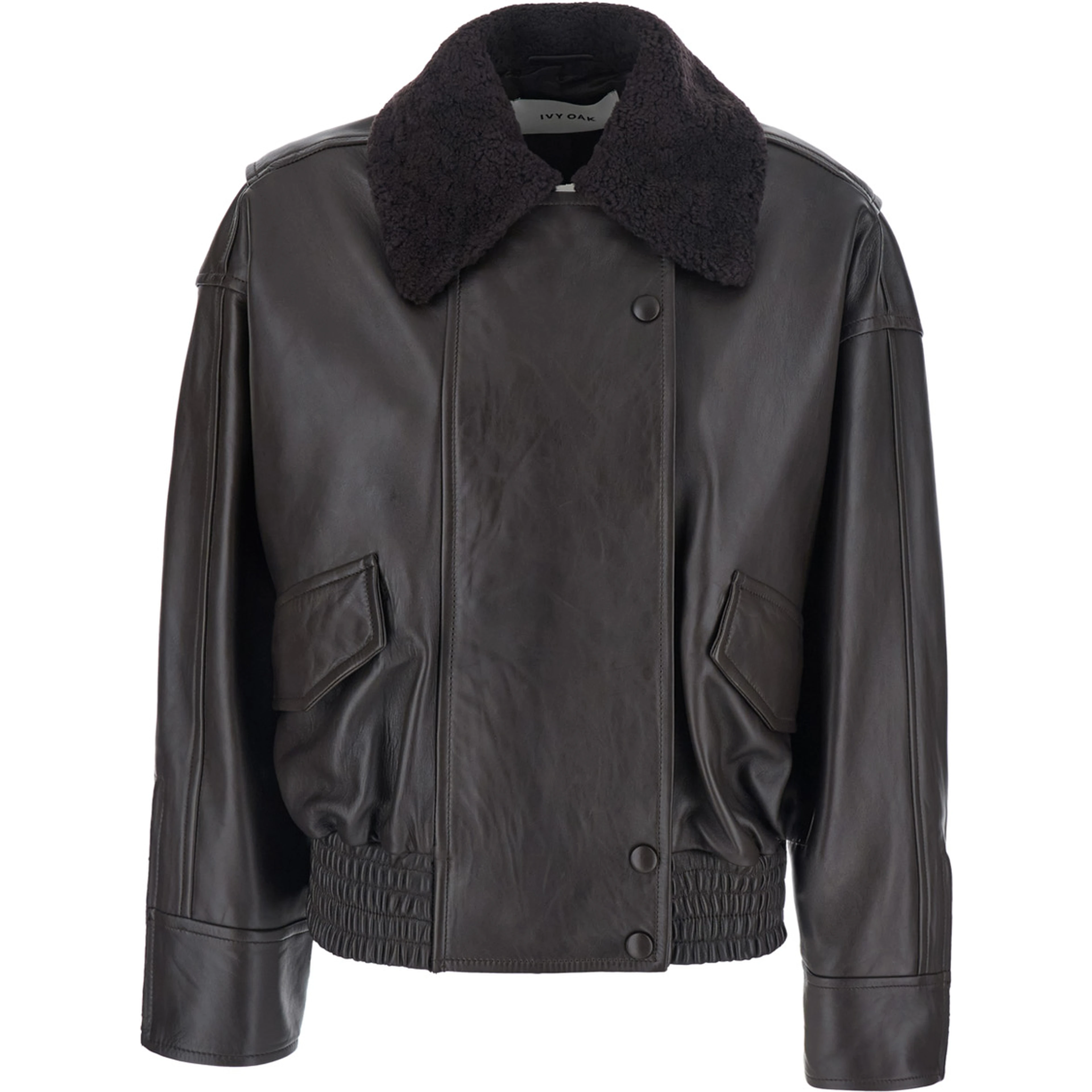 Laila Brown Jacket with wide collar in eco-fur and Dropped shoulders in leather for women
