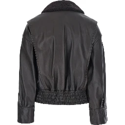 Laila Brown Jacket with wide collar in eco-fur and Dropped shoulders in leather for women