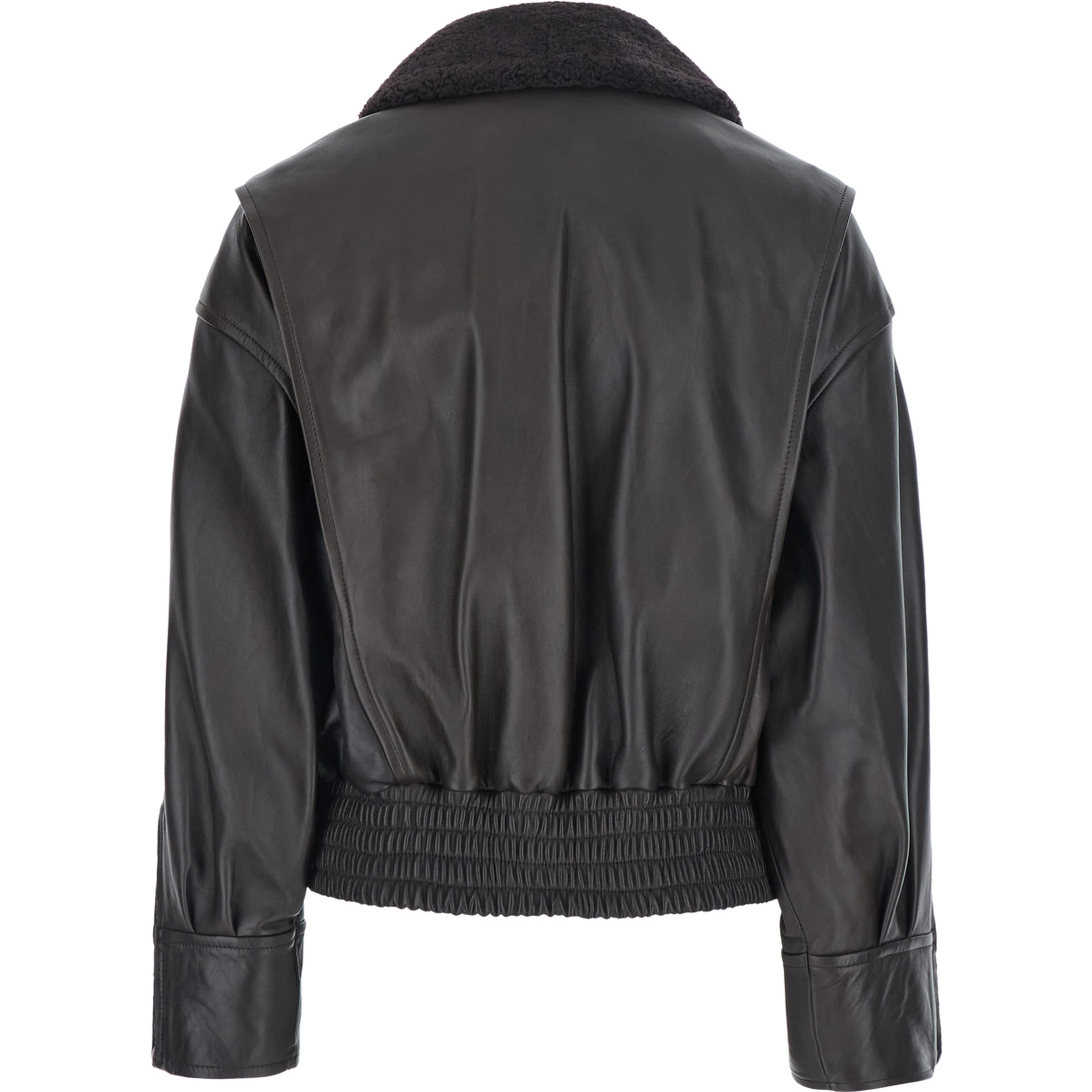 Laila Brown Jacket with wide collar in eco-fur and Dropped shoulders in leather for women