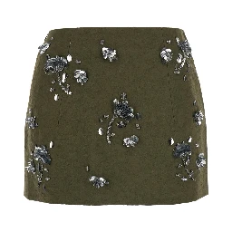 Mini Skirt OLIVE GREEN FLORAL EMBELLISHED with cotton and green woman