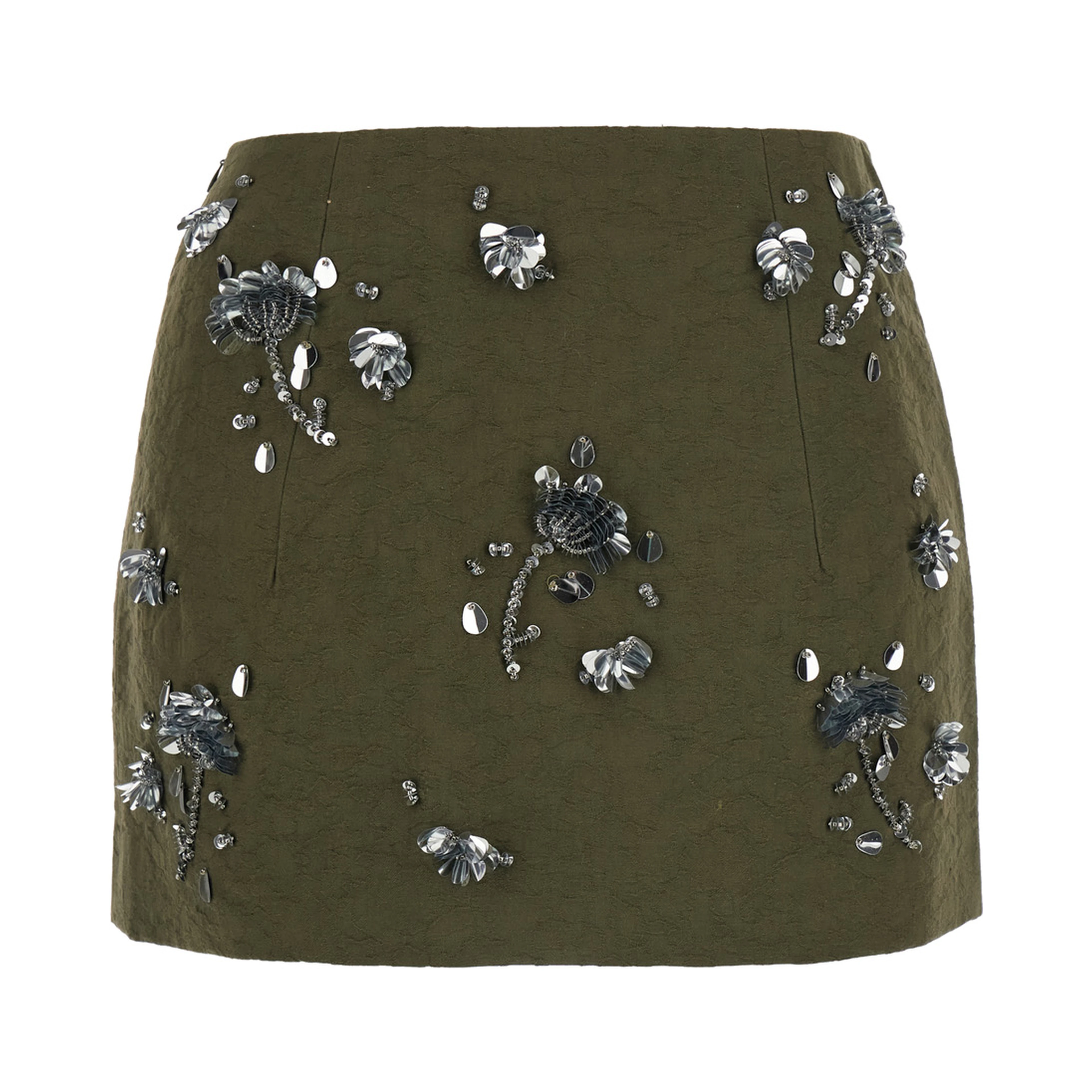 Mini Skirt OLIVE GREEN FLORAL EMBELLISHED with cotton and green woman