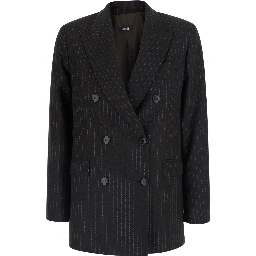 Brown Double-Breasted Jacket with Peak Revers and All-Over Pinstripe in Fabric for Women