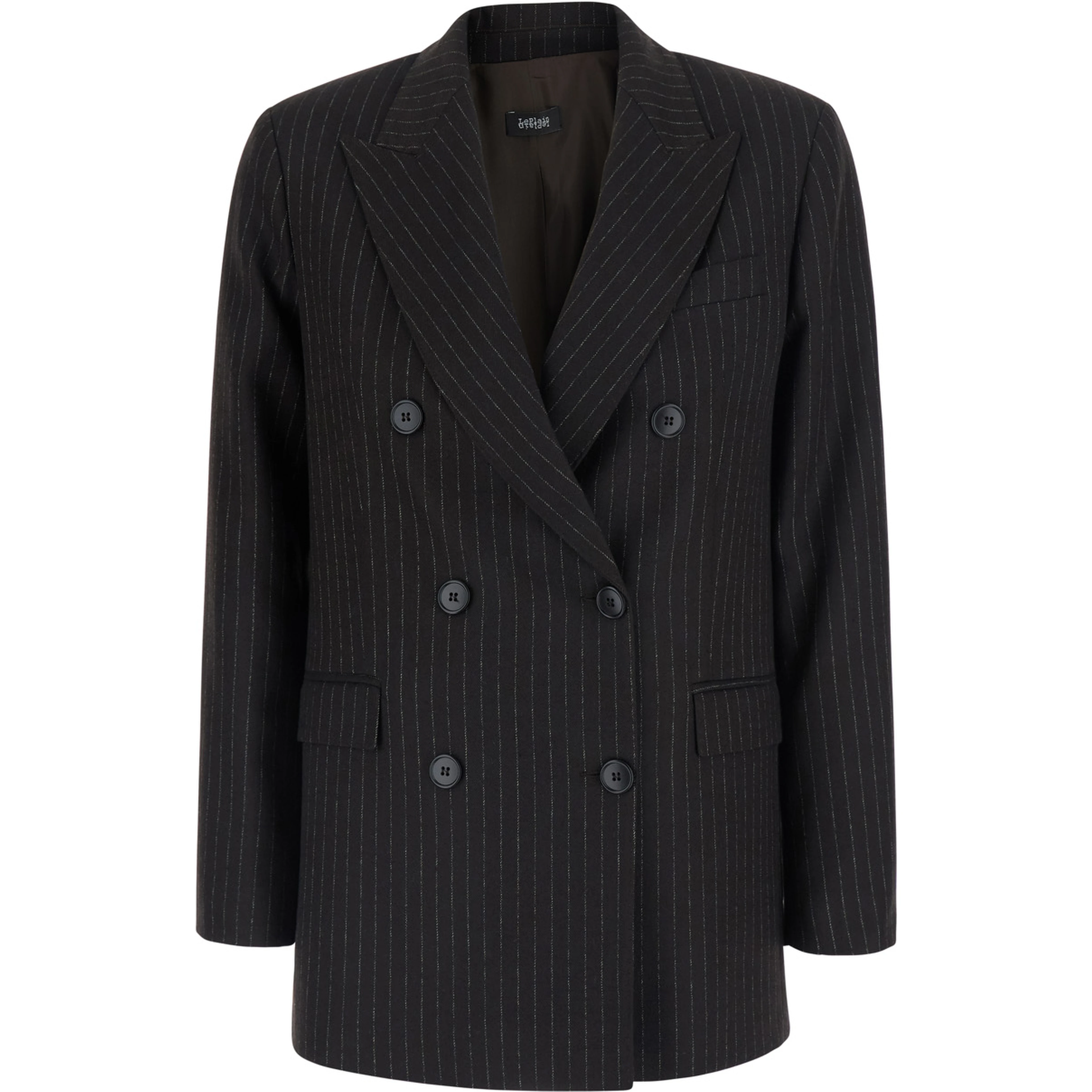 Brown Double-Breasted Jacket with Peak Revers and All-Over Pinstripe in Fabric for Women