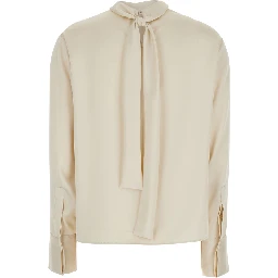 Beige High-Neck Blouse with Bow on the Rear in Satin for Women