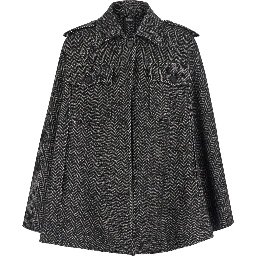 Black Short Cape with Classic Collar and Patch Pockets on the Front in Wool for Women