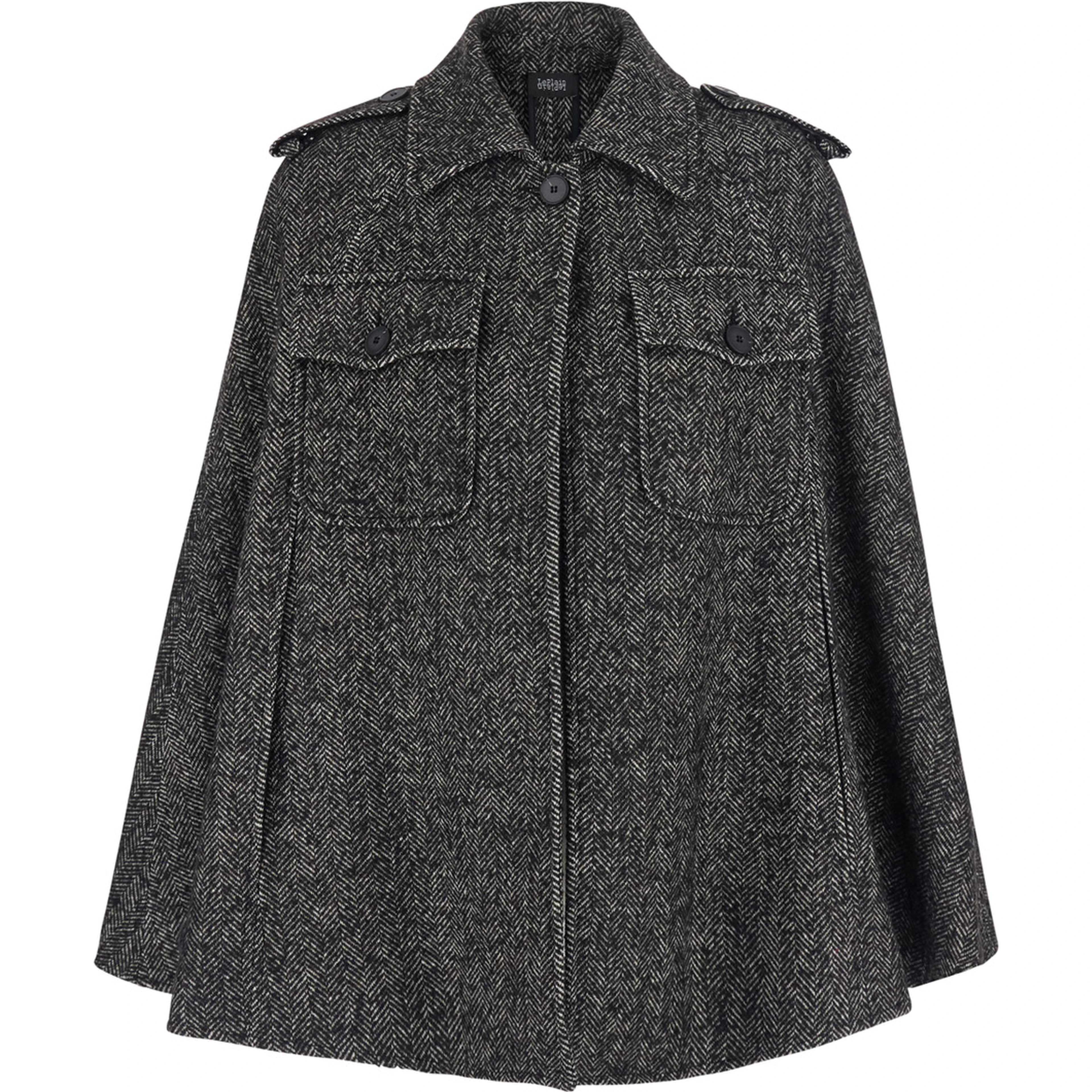 Black Short Cape with Classic Collar and Patch Pockets on the Front in Wool for Women