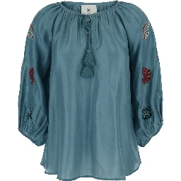 Veronica Blue Short Caftan with Adjustable Knot at the Neck and All-Over Marine Embroidery in Linen Woman