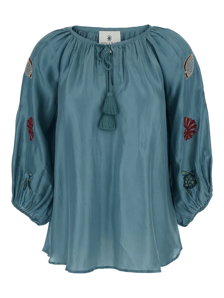 Veronica Blue Short Caftan with Adjustable Knot at the Neck and All-Over Marine Embroidery in Linen Woman