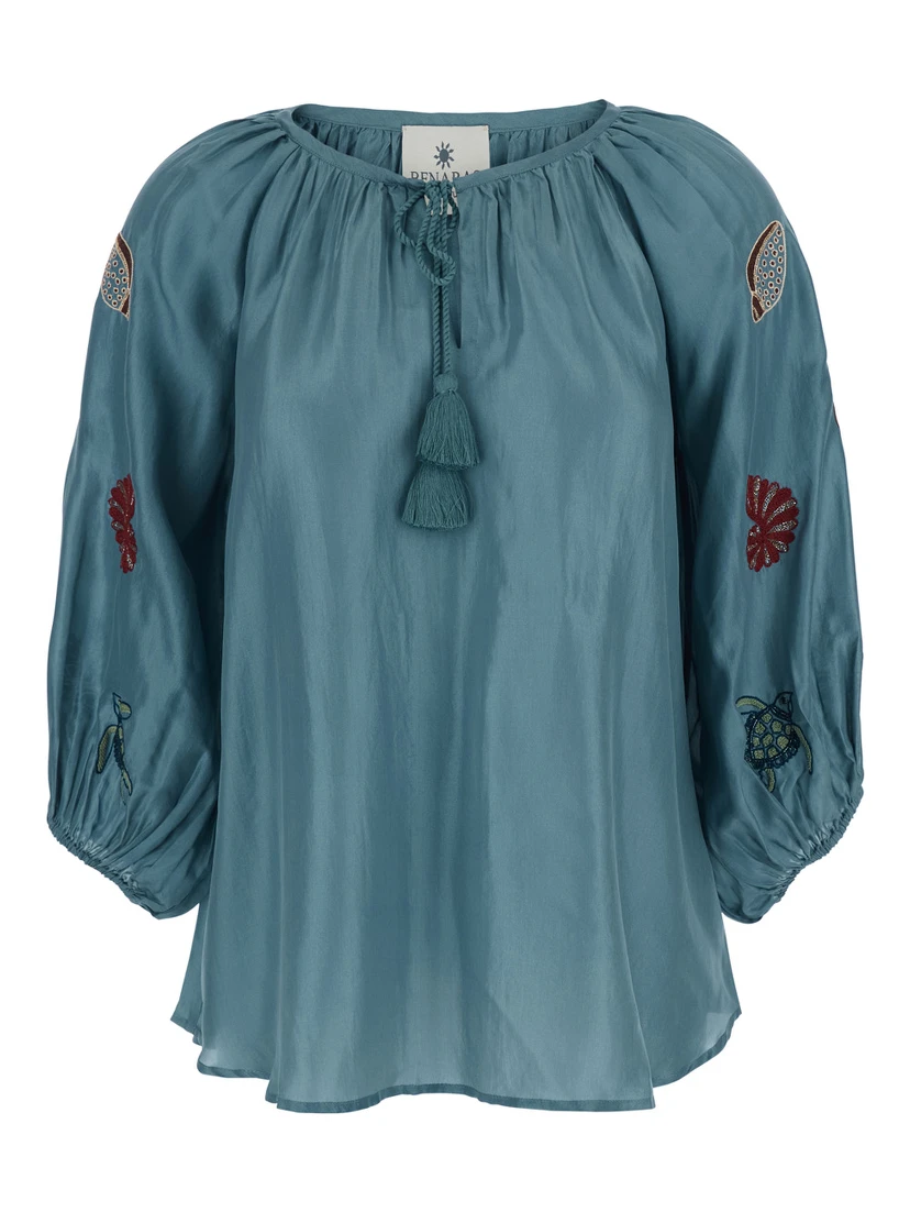 Veronica Blue Short Caftan with Adjustable Knot at the Neck and All-Over Marine Embroidery in Linen Woman