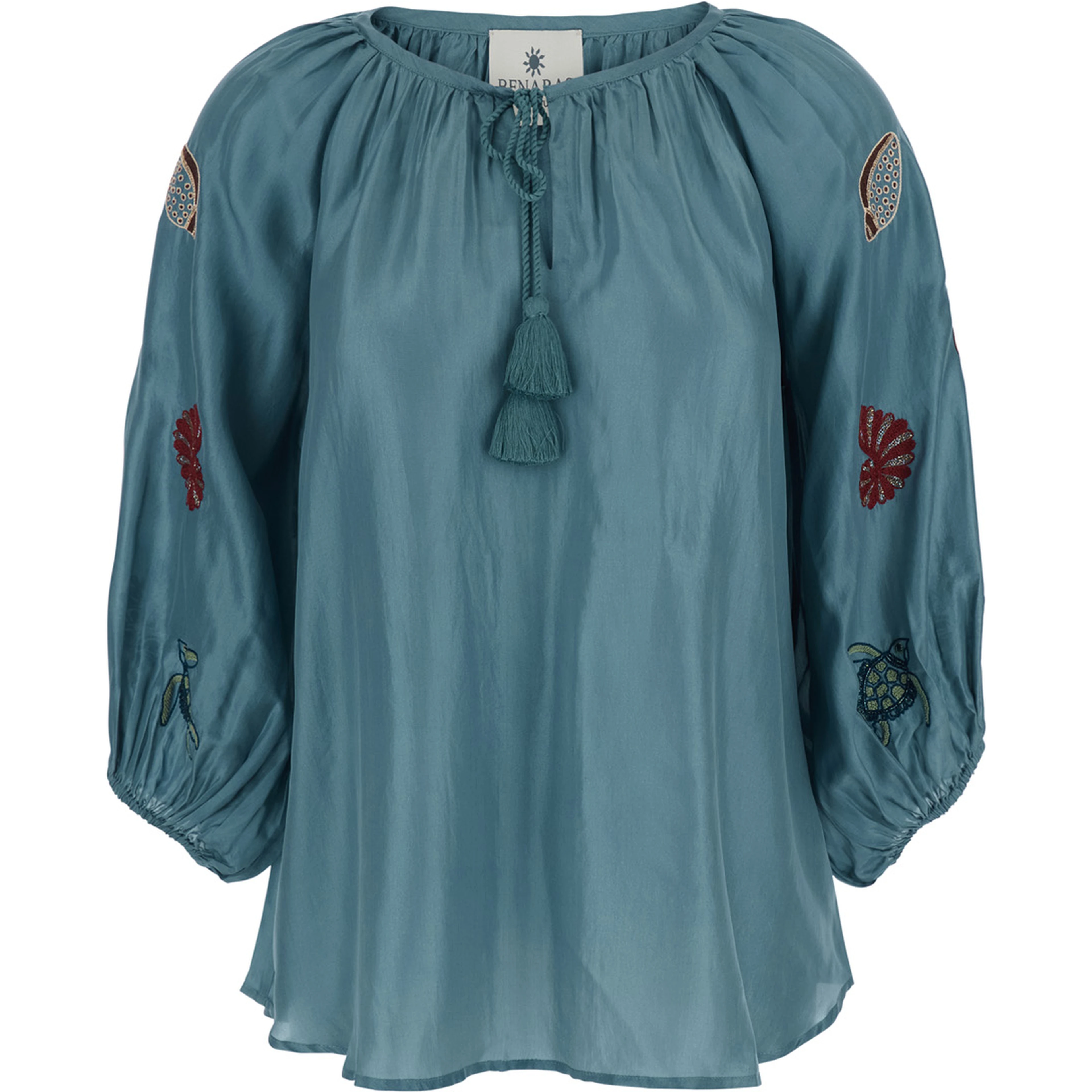 Veronica Blue Short Caftan with Adjustable Knot at the Neck and All-Over Marine Embroidery in Linen Woman