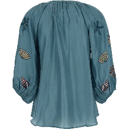 Veronica Blue Short Caftan with Adjustable Knot at the Neck and All-Over Marine Embroidery in Linen Woman
