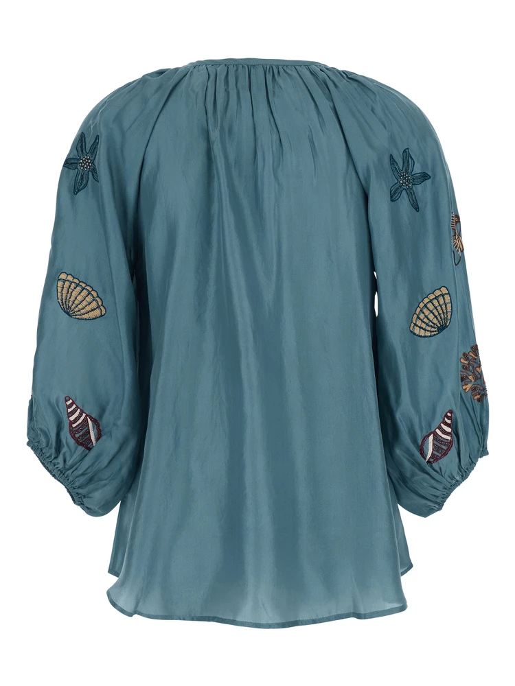 Veronica Blue Short Caftan with Adjustable Knot at the Neck and All-Over Marine Embroidery in Linen Woman alternative