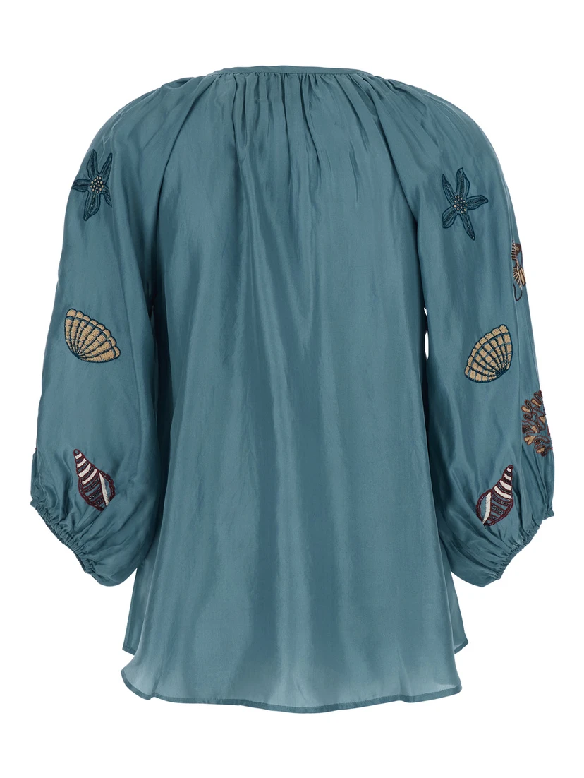 Veronica Blue Short Caftan with Adjustable Knot at the Neck and All-Over Marine Embroidery in Linen Woman