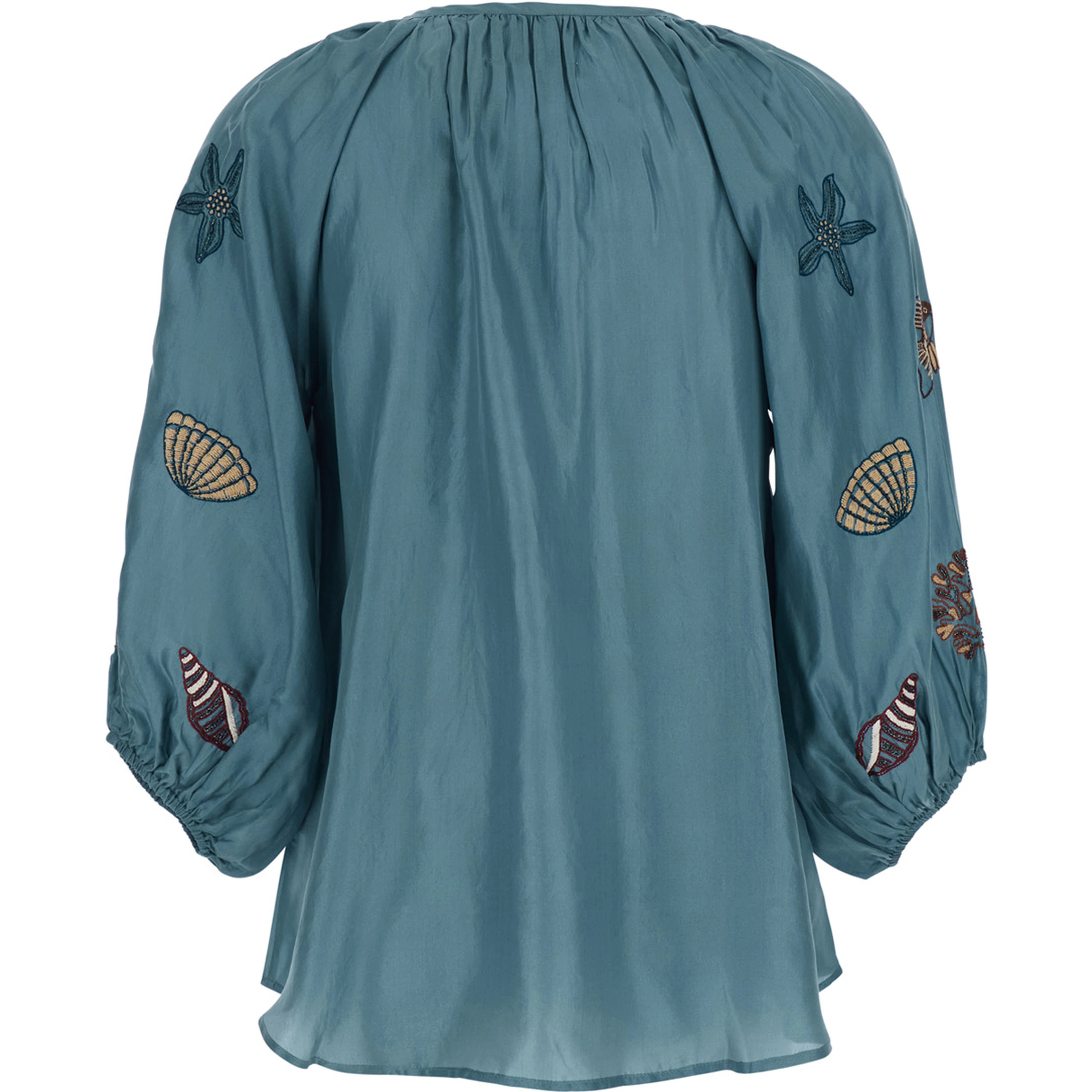 Veronica Blue Short Caftan with Adjustable Knot at the Neck and All-Over Marine Embroidery in Linen Woman