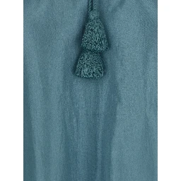 Veronica Blue Short Caftan with Adjustable Knot at the Neck and All-Over Marine Embroidery in Linen Woman
